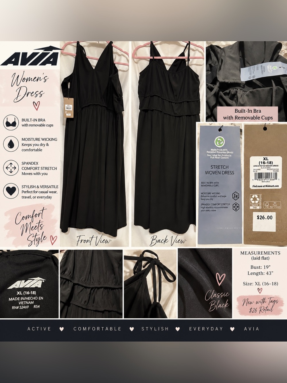 Avia Women’s XL 16–18 Black Stretch Woven Midi Dress NWT Built-In Bra